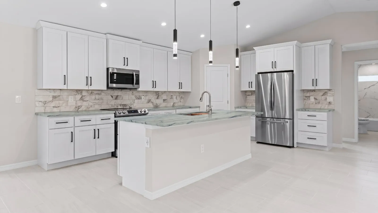 Modern kitchen with Blue Illusion Quartzite countertop, simulation