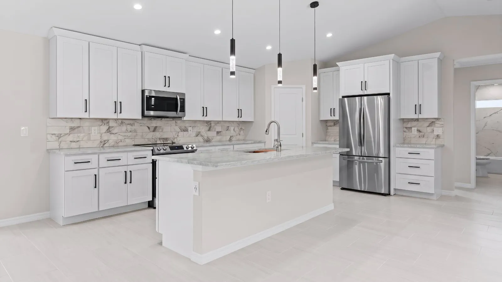 Modern kitchen with Calacatta Angel Quartz countertop, simulation